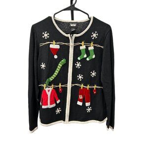 Studio Joy Black Full Zip Ugly Christmas Sweater Cardigan Sz M
